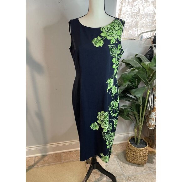 Maya Brooke Womens Size 8 Floral Print Dress Navy & Green Polyester/Spandex - Picture 1 of 12